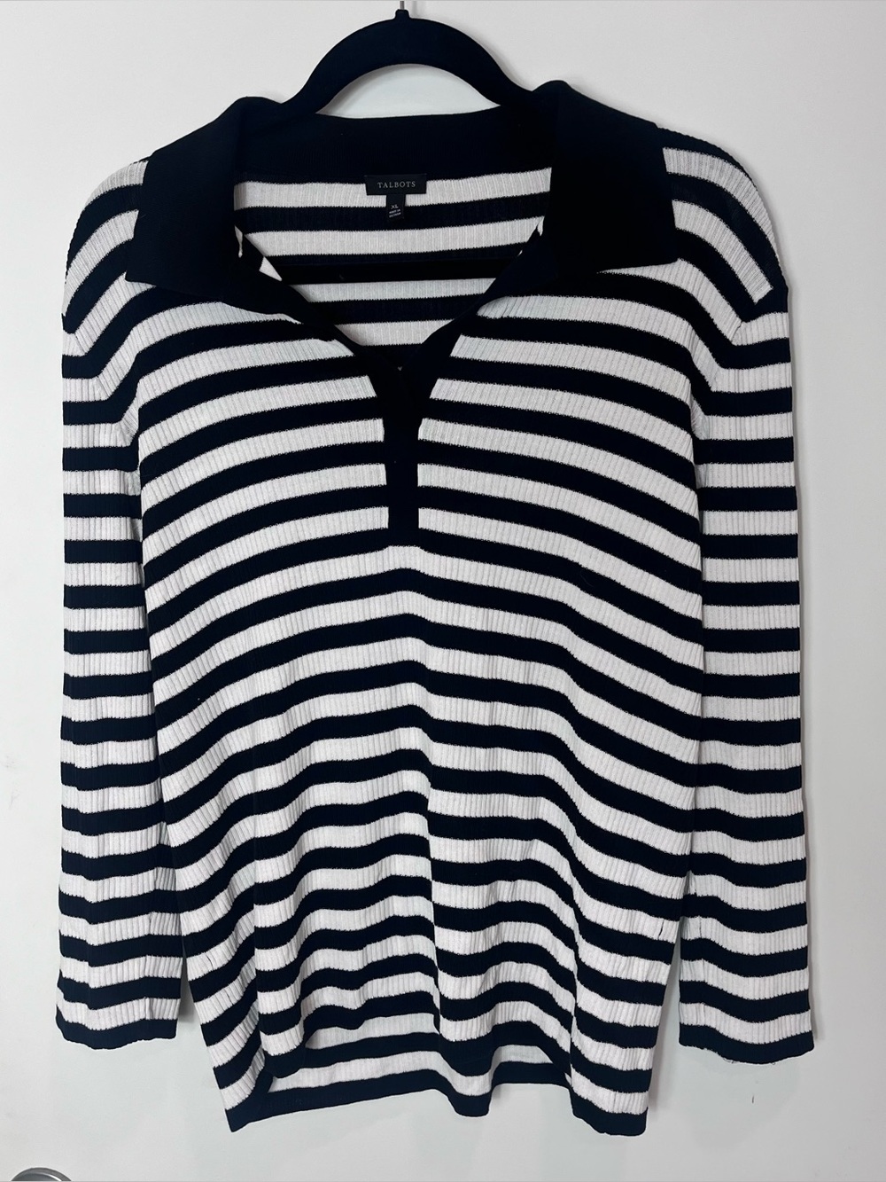 Talbots Johnny Collar Cotton Blend Black White Striped Long Sleeve XL Sweater